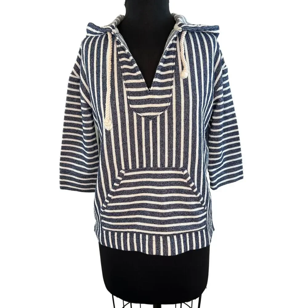 J Crew Baja Blue White Striped Terry Cotton Drawstring Hoodie Sweater B8539 XXS
